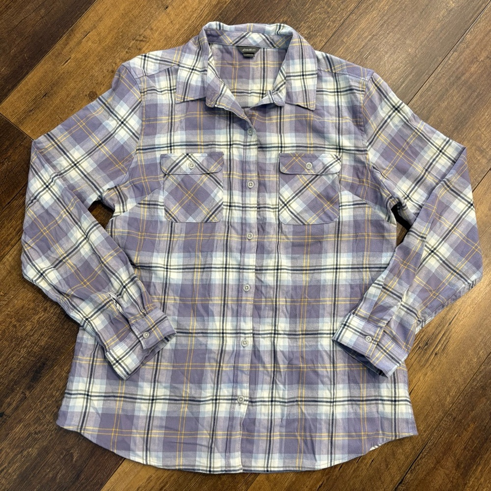 Eddie Bauer Women’s Light Purple Plaid Button Up Flannel Outdoor Shirt